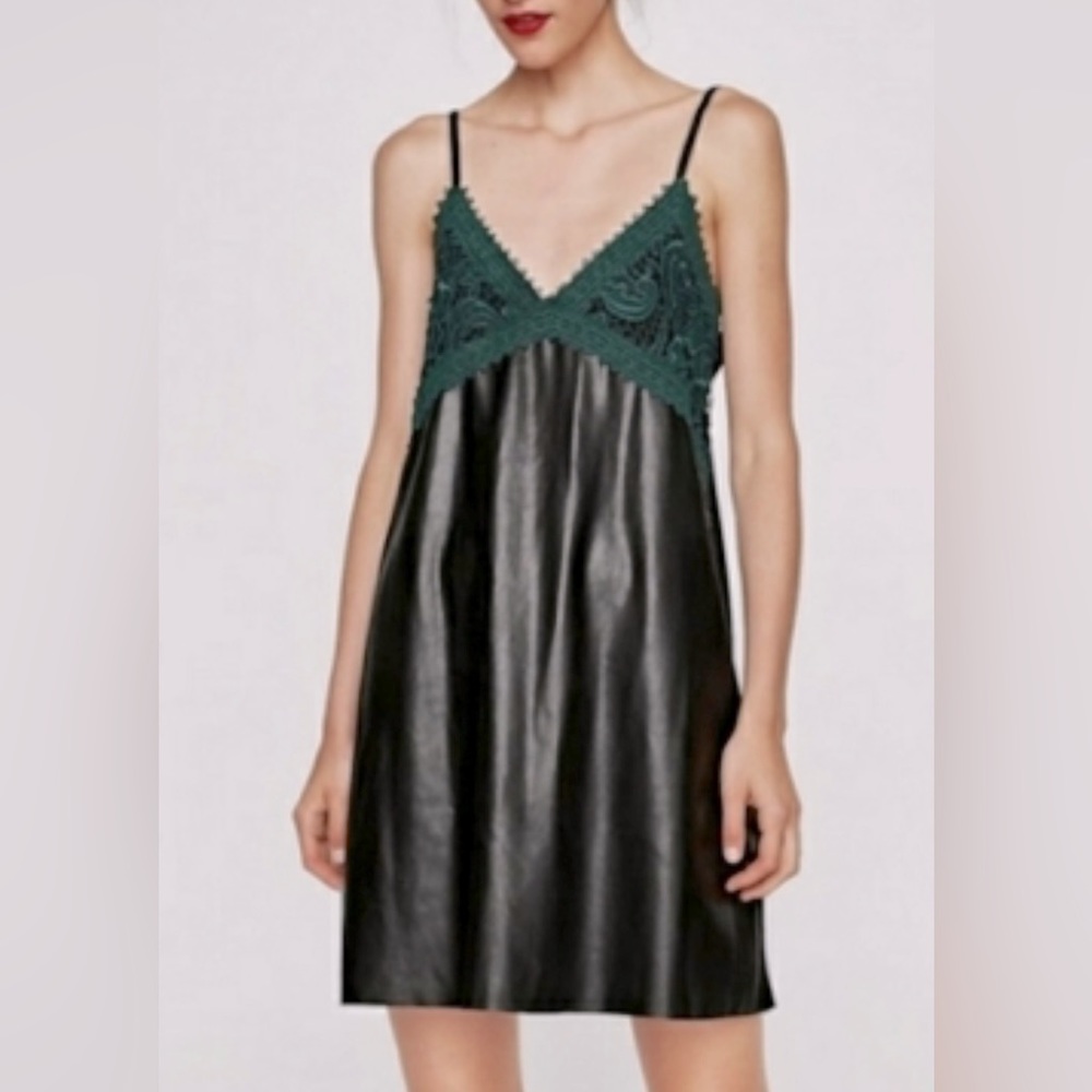 Zara -Black leather dress with green crotchet bust